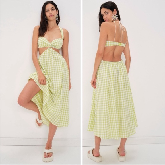 For Love And Lemons Dresses & Skirts - For Love and Lemons Maureen Midi Gingham Green White Cutout Dress Size Small NWT